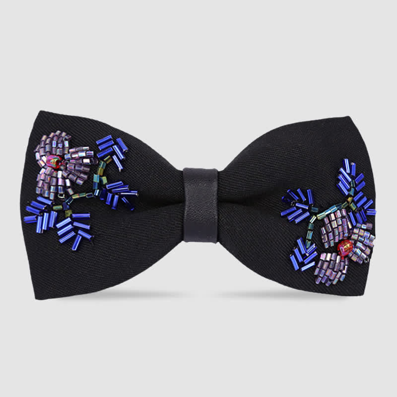 Flower Shape Beaded Embroidery Black Bow Tie
