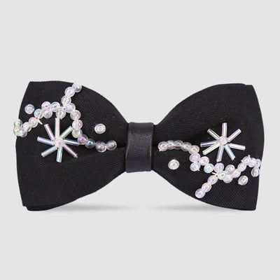 Flower Shape Beaded Embroidery Black Bow Tie