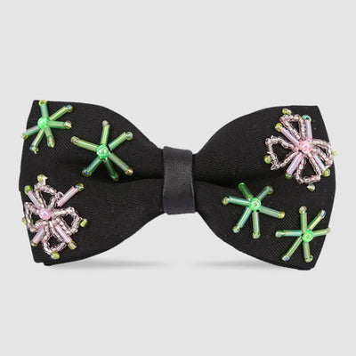 Flower Shape Beaded Embroidery Black Bow Tie