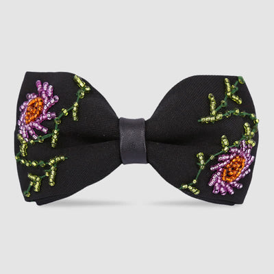 Flower Shape Beaded Embroidery Black Bow Tie