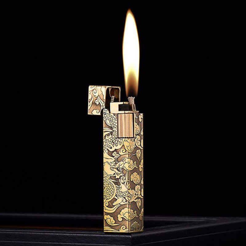 Cube Shape Carved Dragon Brass Refillable Kerosene Lighter