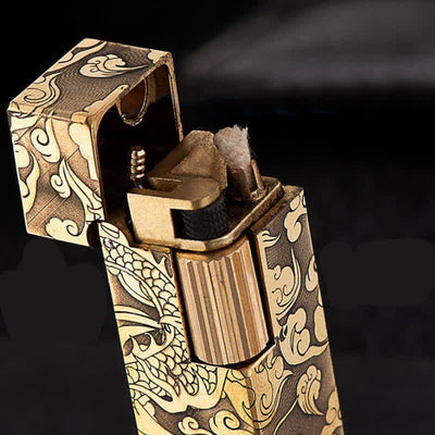 Cube Shape Carved Dragon Brass Refillable Kerosene Lighter