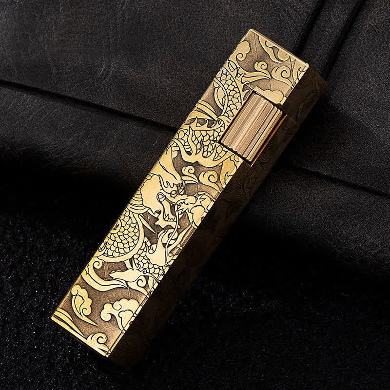 Cube Shape Carved Dragon Brass Refillable Kerosene Lighter