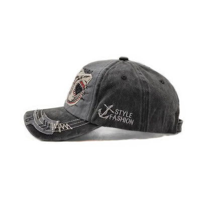 Shark Embroidered Retro Frayed Edge Washed Baseball Cap