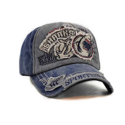 Shark Embroidered Retro Frayed Edge Washed Baseball Cap