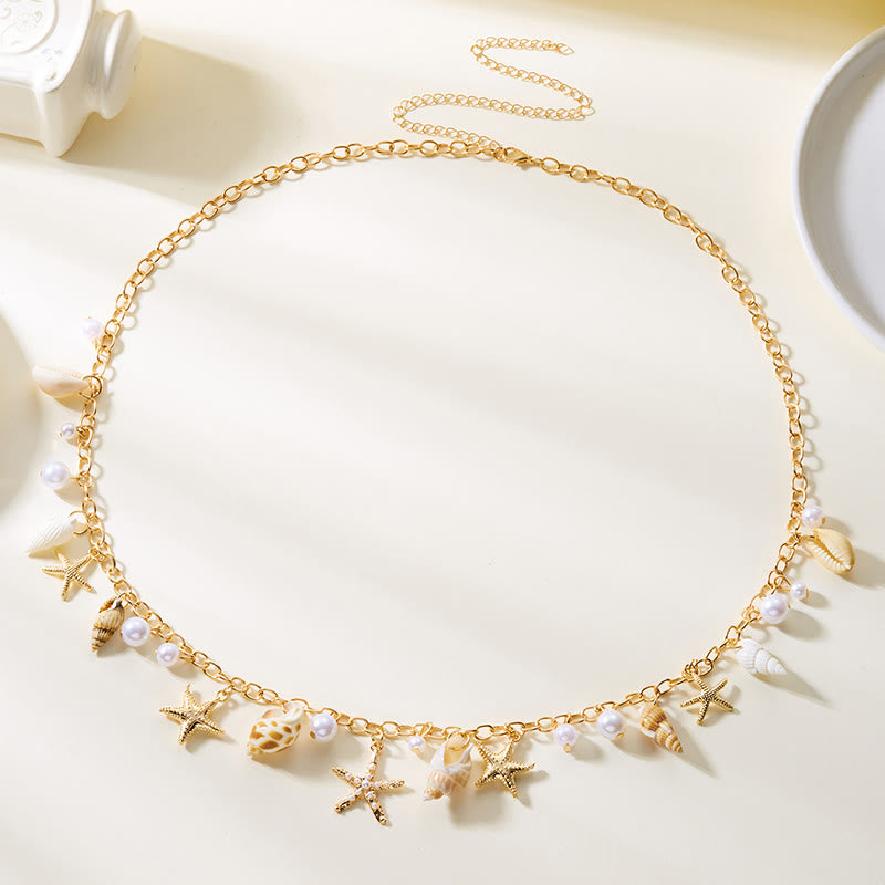 Women's Bohemian Summer Starfish Conch Shell Faux Pearl Waist Chain