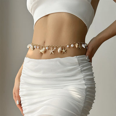 Women's Bohemian Summer Starfish Conch Shell Faux Pearl Waist Chain