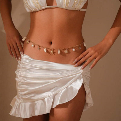 Women's Bohemian Beach Starfish Conch Shell Faux Pearl Waist Chain