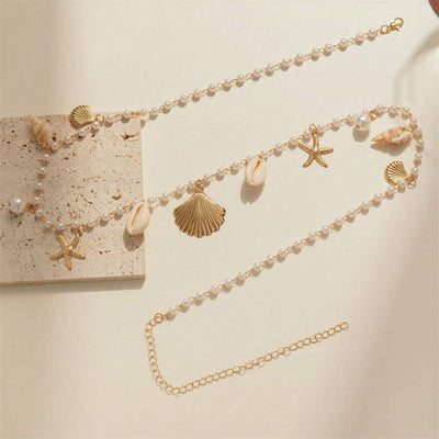 Women's Bohemian Beach Starfish Conch Shell Faux Pearl Waist Chain