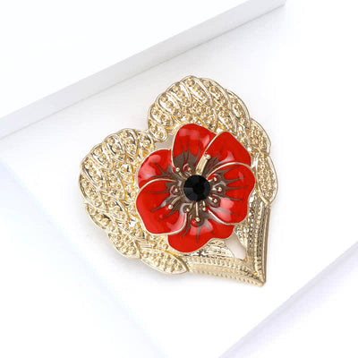 Luxury Enamel Poppy Flower Gold Heart Brooch