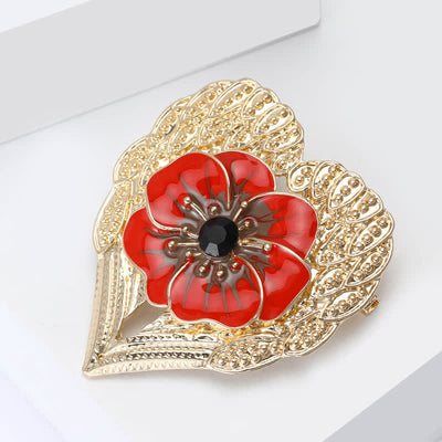 Luxury Enamel Poppy Flower Gold Heart Brooch
