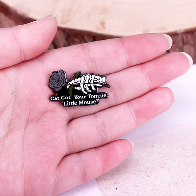 Cat Got Your Tongue Little Mouse Rose Skeleton Enamel Pin Brooch