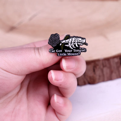 Cat Got Your Tongue Little Mouse Rose Skeleton Enamel Pin Brooch