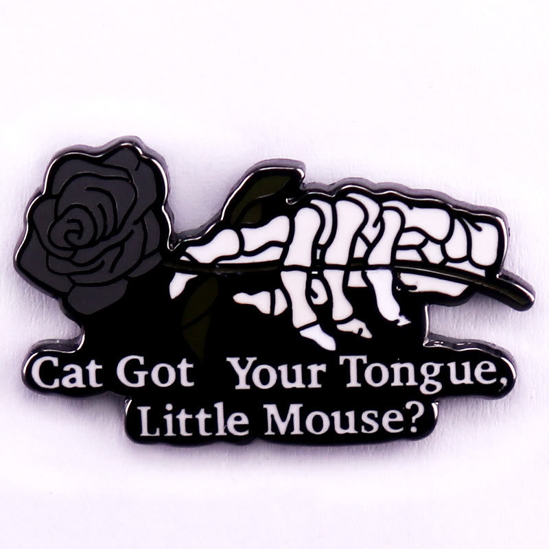 Cat Got Your Tongue Little Mouse Rose Skeleton Enamel Pin Brooch