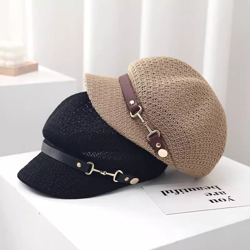 Women's Summer Solid Color Leather Band Decor Straw Beret Hat