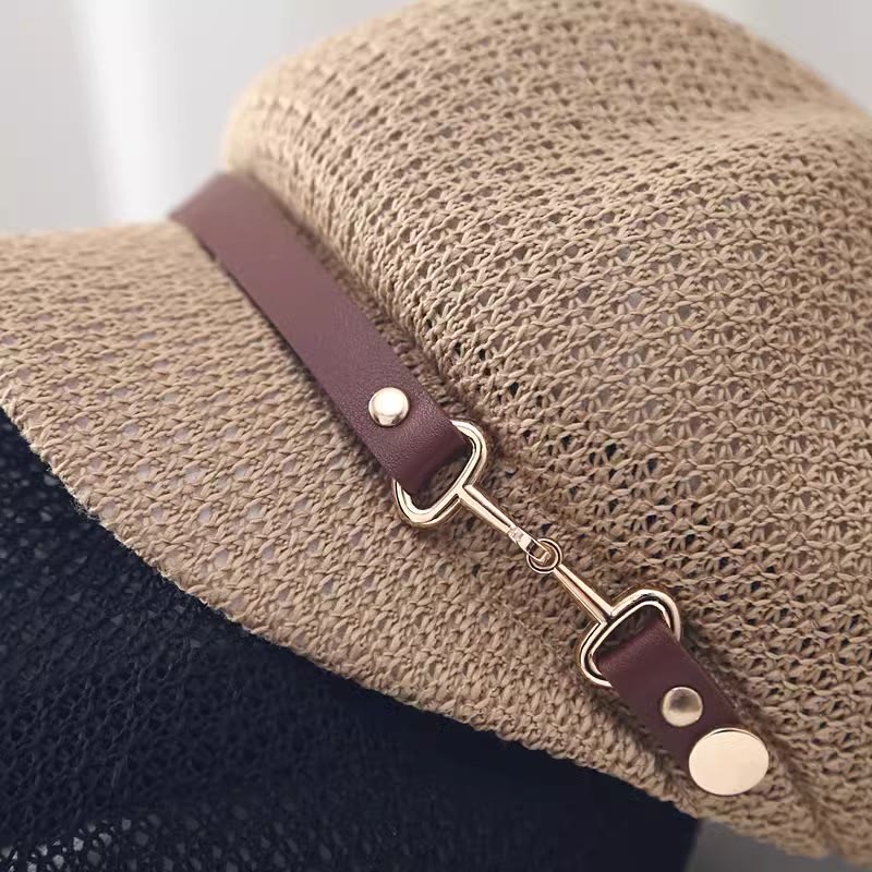 Women's Summer Solid Color Leather Band Decor Straw Beret Hat