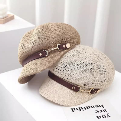 Women's Summer Solid Color Leather Band Decor Straw Beret Hat