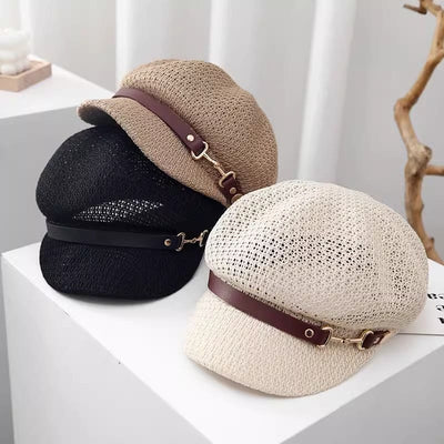 Women's Summer Solid Color Leather Band Decor Straw Beret Hat