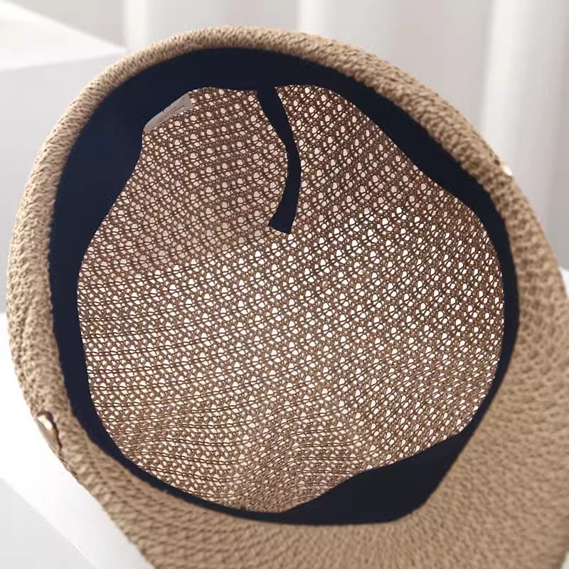 Women's Summer Solid Color Leather Band Decor Straw Beret Hat