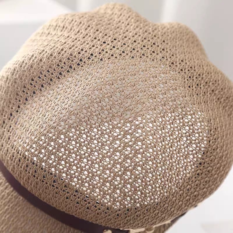 Women's Summer Solid Color Leather Band Decor Straw Beret Hat