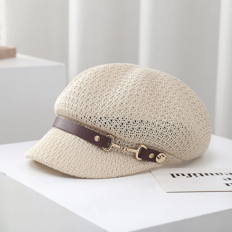 Women's Summer Solid Color Leather Band Decor Straw Beret Hat