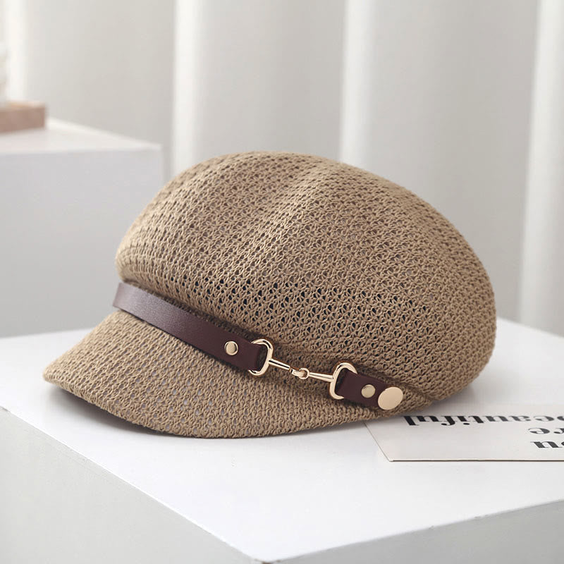 Women's Summer Solid Color Leather Band Decor Straw Beret Hat