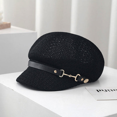 Women's Summer Solid Color Leather Band Decor Straw Beret Hat