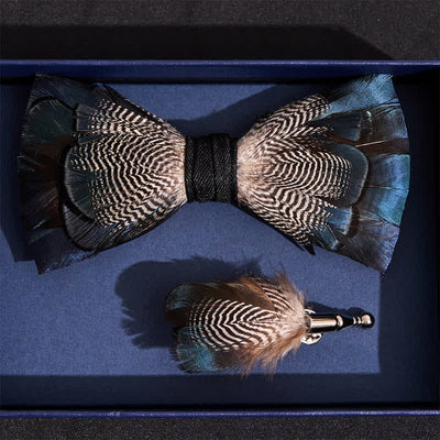 Blue & White Mallard Duck Feather Bow Tie with Lapel Pin