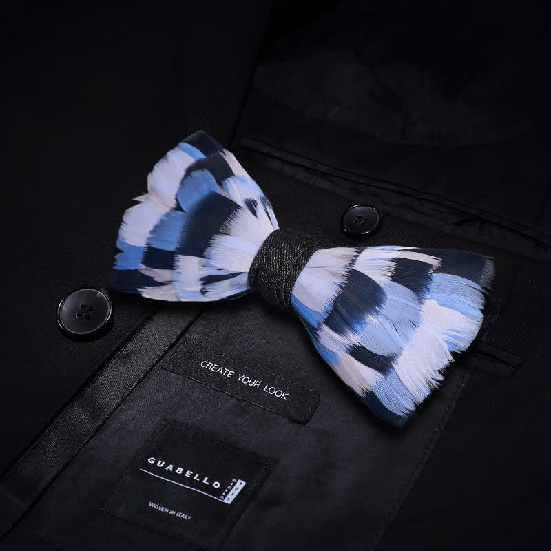 Blue & White Checkerboard Feather Bow Tie with Lapel Pin