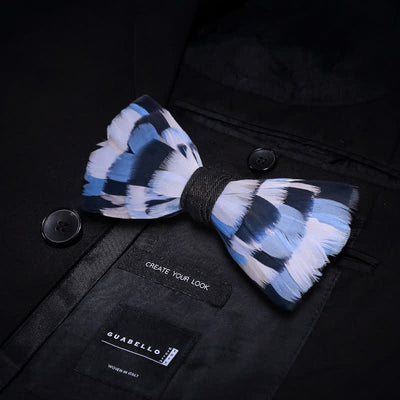 Blue & White Checkerboard Feather Bow Tie with Lapel Pin