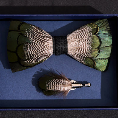 Green & White Mallard Duck Feather Bow Tie with Lapel Pin