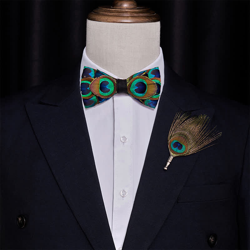 Teal Women’s Bow Tie Scarf with Gold Peacock Brooch Caviotess Women Silk Scarf Long Large Peacock Feather Print  main image 2