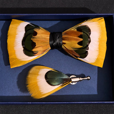 Lively Yellow & White Feather Bow Tie