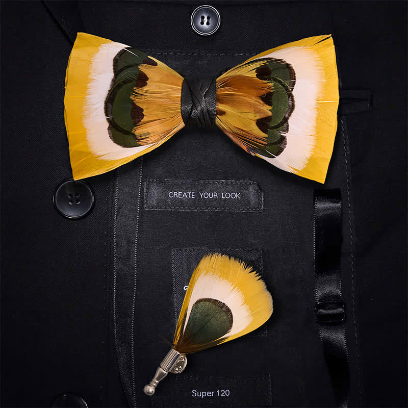 Lively Yellow & White Feather Bow Tie