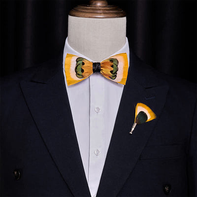 Lively Yellow & White Feather Bow Tie