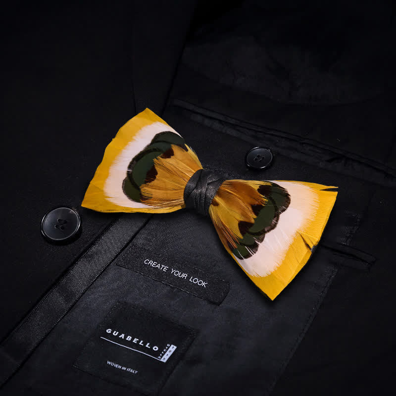 Lively Yellow & White Feather Bow Tie