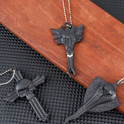 Black Dragon Skull Snake Hidden Mini Blade Tool Pendant Necklace