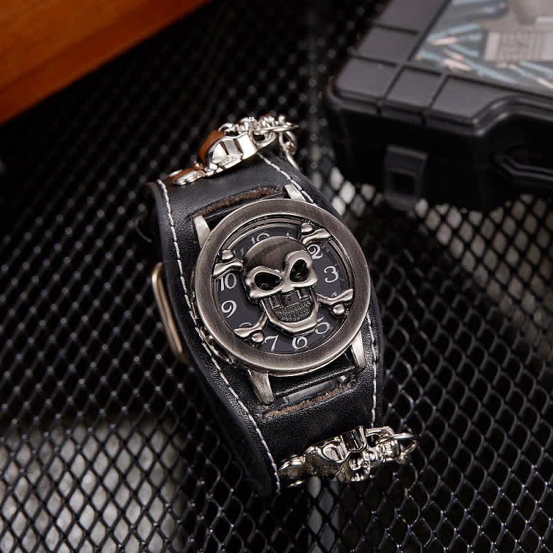 Men's Punk Rivet Chain Bracelet Leather Watch With Skull Cover