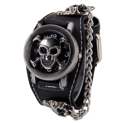 Men's Punk Rivet Chain Bracelet Leather Watch With Skull Cover