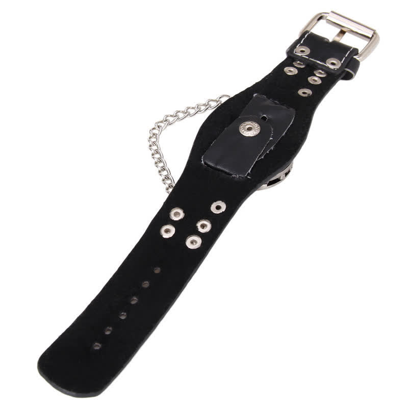 Men's Punk Rivet Chain Bracelet Leather Watch With Skull Cover