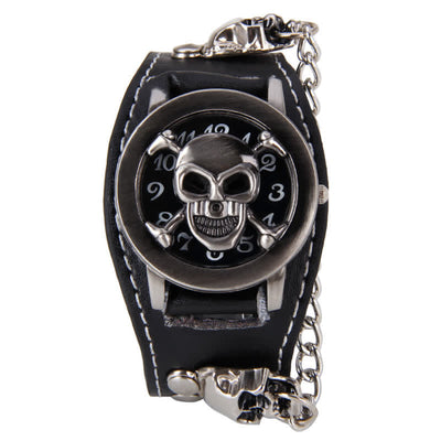 Men's Punk Rivet Chain Bracelet Leather Watch With Skull Cover