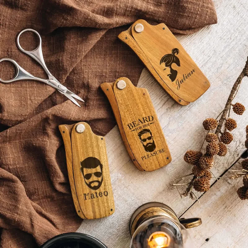 Personalized Carved Name Folding Wood Beard Hair Comb