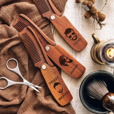 Personalized Carved Name Folding Wood Beard Hair Comb