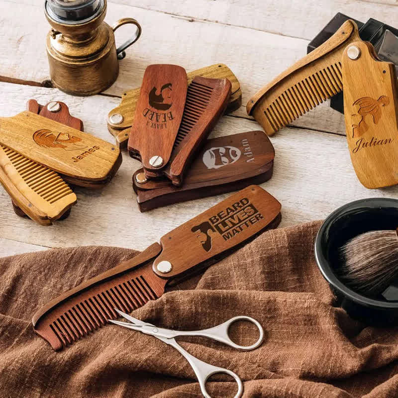 Personalized Carved Name Folding Wood Beard Hair Comb