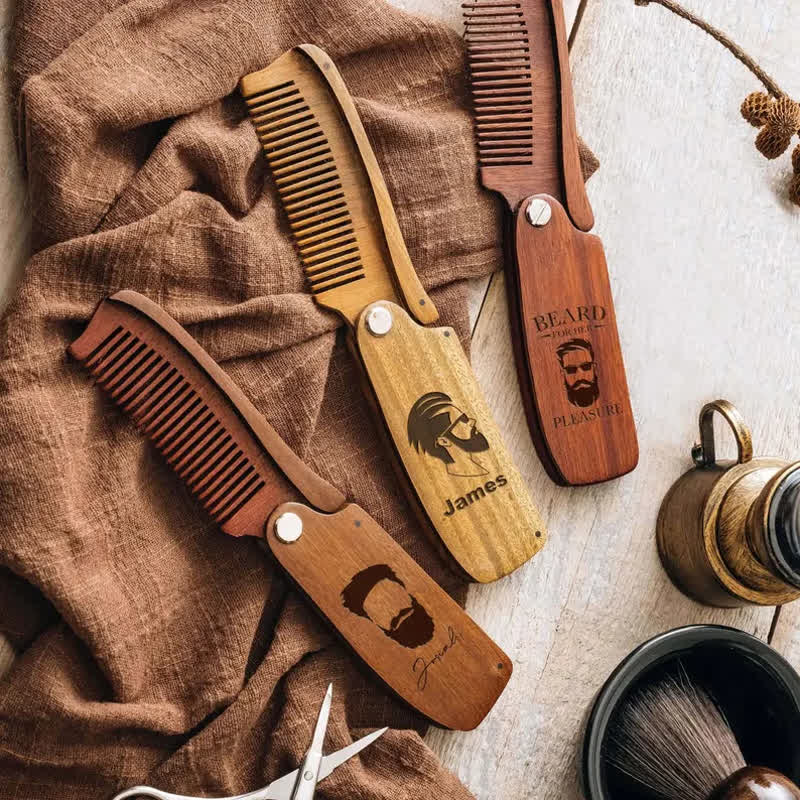 Personalized Carved Name Folding Wood Beard Hair Comb