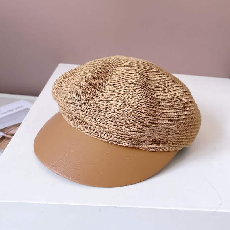 Women's Faux Leather Brim Panel Straw Beret Hat