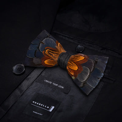Navy & Rust Feather Bow Tie with Lapel Pin