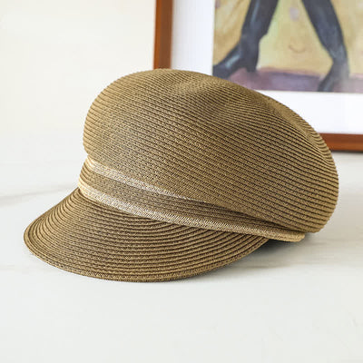 Women's Classic Striped Woven Visor Beach Straw Newsboy Hat