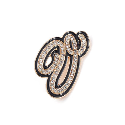 Black Enameled Initial Letter Rhinestone 26 Alphabet Brooch