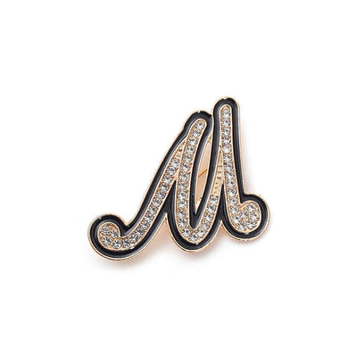 Black Enameled Initial Letter Rhinestone 26 Alphabet Brooch